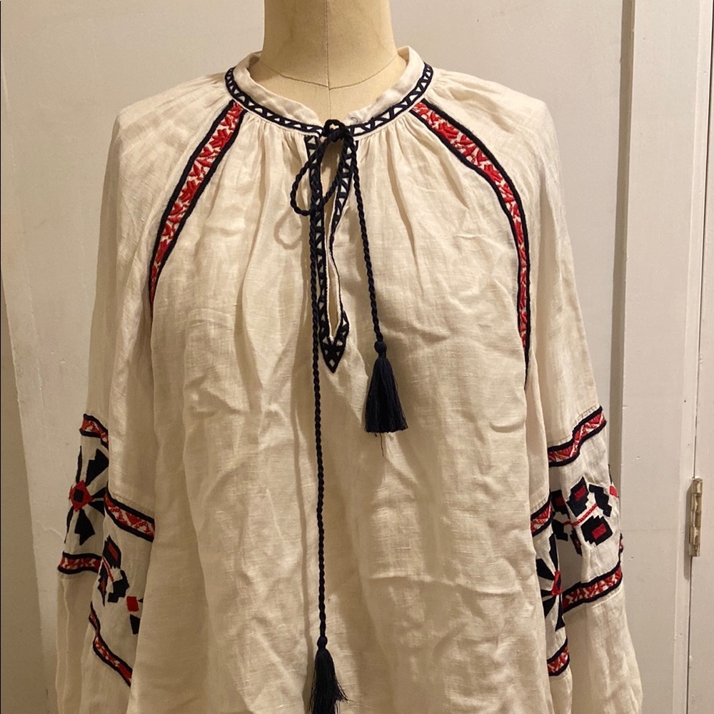 H&M  Embroidered Cream Blouse with tassels ,Red and Black Accents